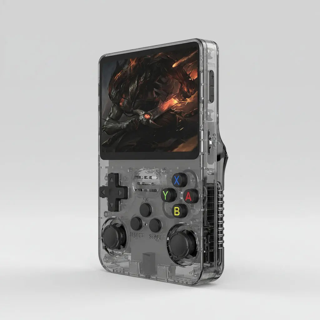 R36S handheld console front view 3.5in IPS 640x480 screen buttons black