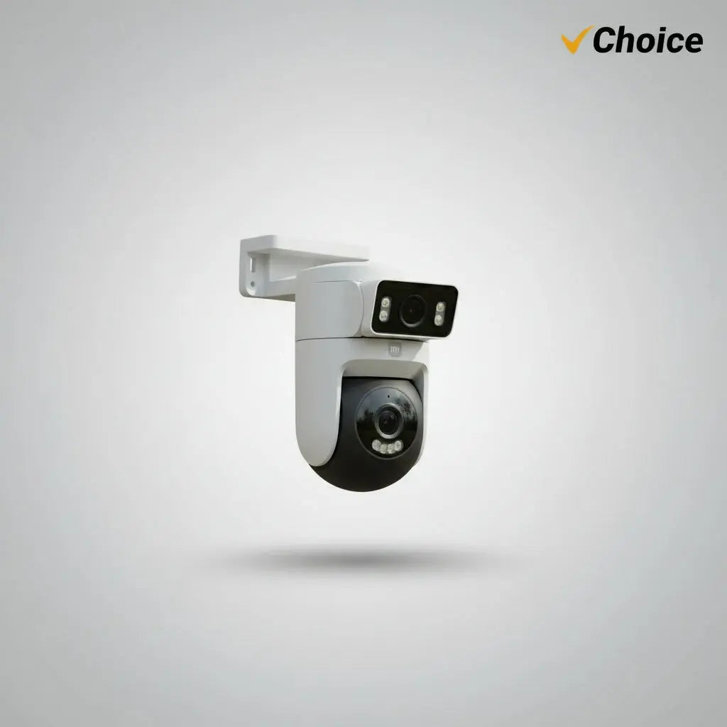 Xiaomi CW500 Dual Camera with two lenses on outdoor bracket IP66 weatherproof housing and AC power port