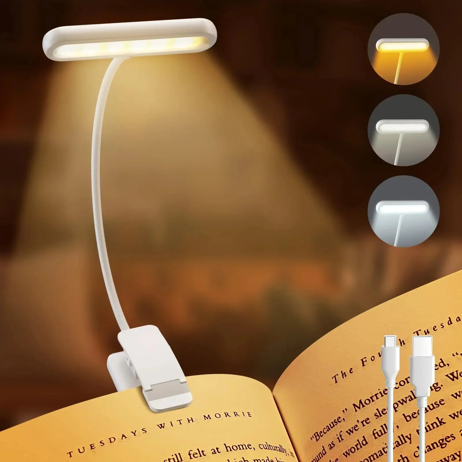 USB Rechargeable Book Light 3 Color Adjustable LED Reading Lamp with Clamp Eye-Care Night Light for Bed, Study Desk Elektrofy