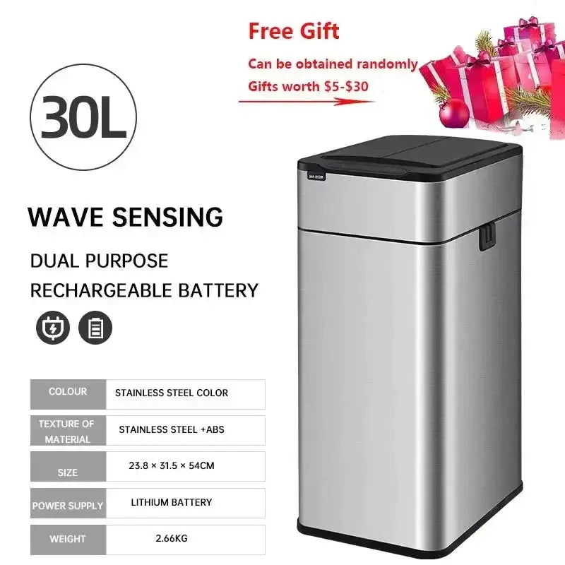 Garbage Bin 60/50/40/30/20/15/9L Large-capacity Stainless Steel Smart Sensor Trash Can Automatic Waste Bins Kitchen Trash Can Elektrofy