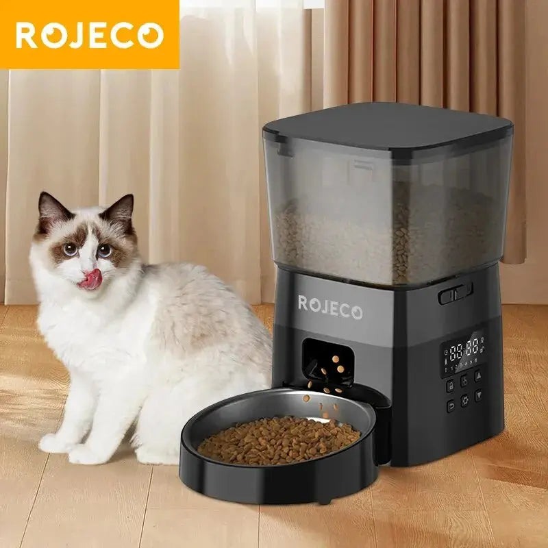 ROJECO Button automatic pet feeder with LCD programmable time settings plastic hopper detachable bowl 50g-200g dispensing