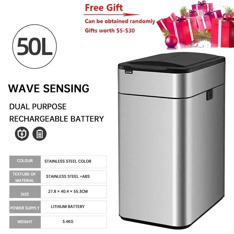 Garbage Bin 60/50/40/30/20/15/9L Large-capacity Stainless Steel Smart Sensor Trash Can Automatic Waste Bins Kitchen Trash Can Elektrofy