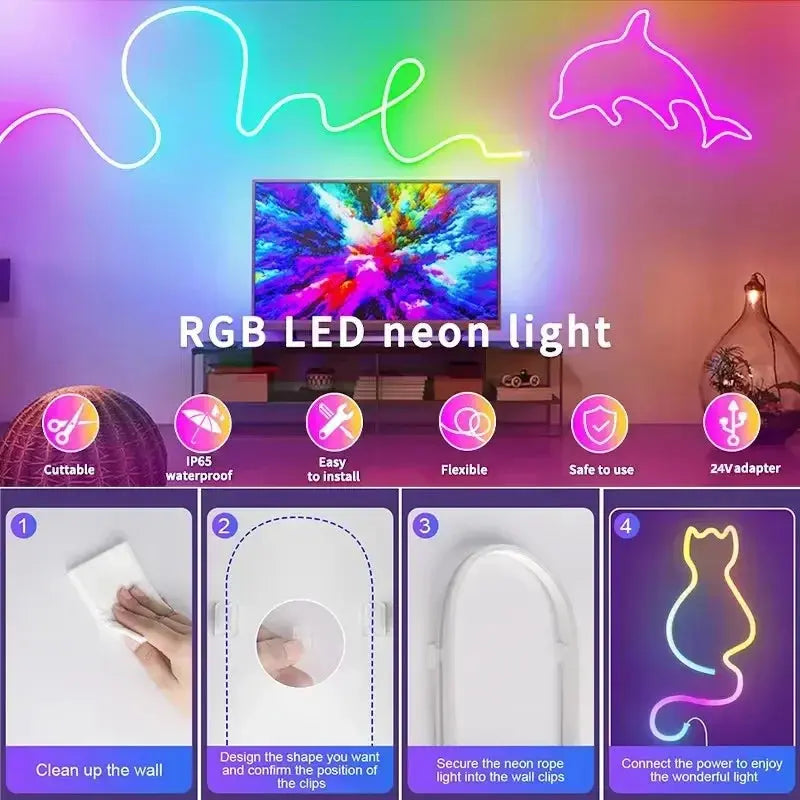 DC24V RGB Neon LED Strip Light Bluetooth Music Sync Color Change Flexible Lamp Waterproof Neon Rope Light Indoor Outdoor Decor Elektrofy