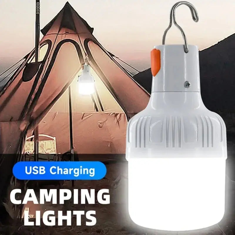 Outdoor USB rechargeable LED bulb with ABS housing hook and three light modes high low fast flash