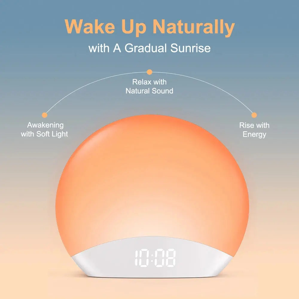 Awakening Wake Up Sunrise Alarm Clock Table Clock Dimmable with 3 Ring 8 Nightlight 26 Sound Sleep Timer Night Light Elektrofy