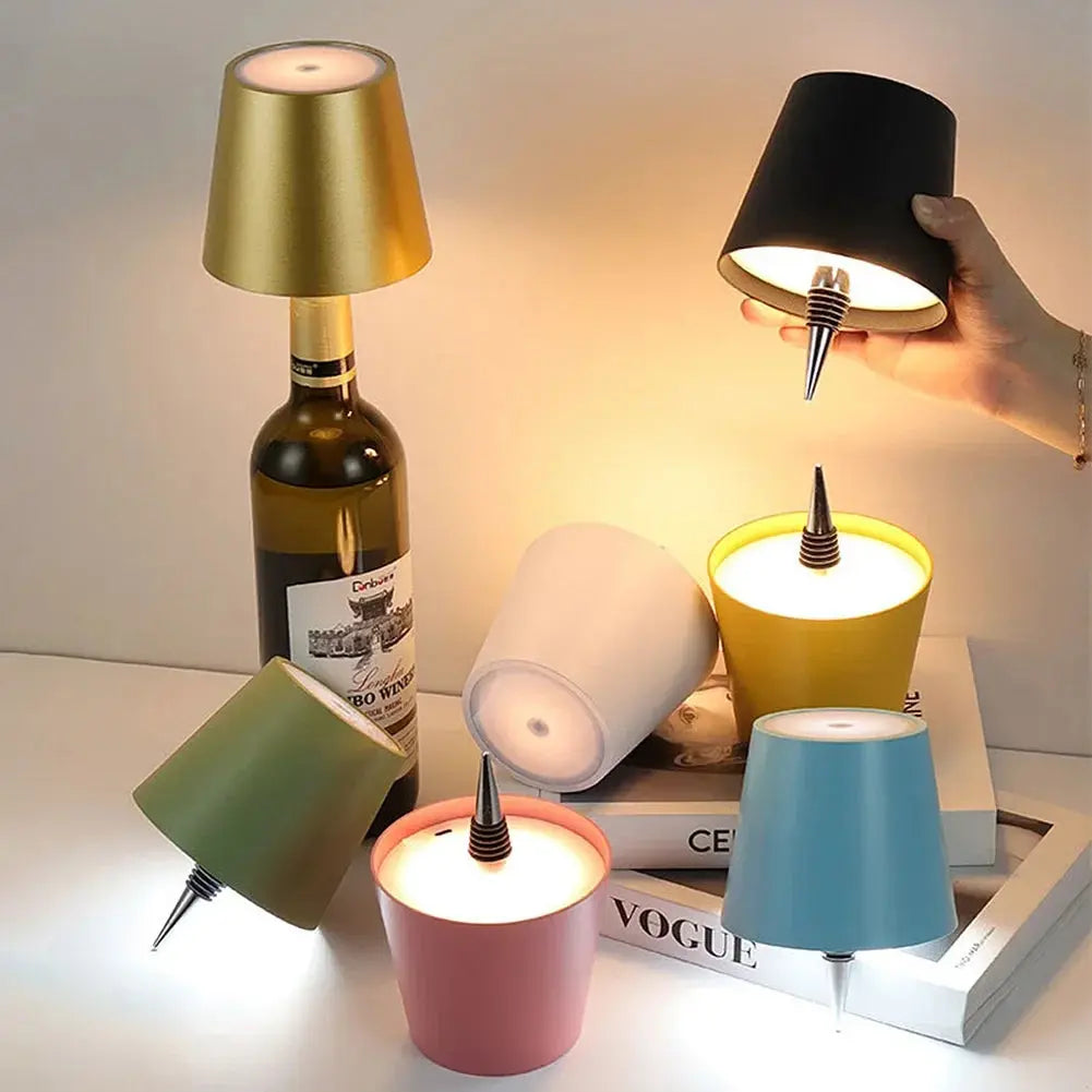 Rechargeable bottle-style table lamp with pleated acrylic shade touch top USB-C port ABS body 3-color LED IP54 top