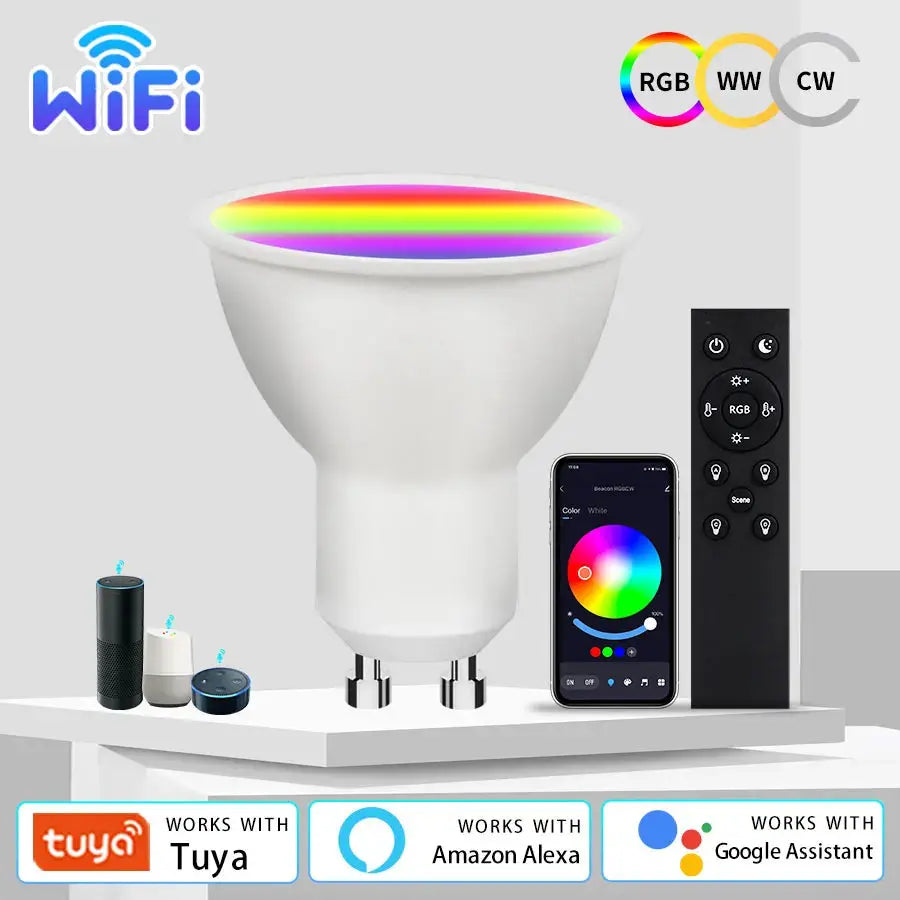 Tuya GU10 WiFi RGB CCT LED spotlight 220V plastic aluminum body with RF 2.4G remote compatible with Alexa Google Home