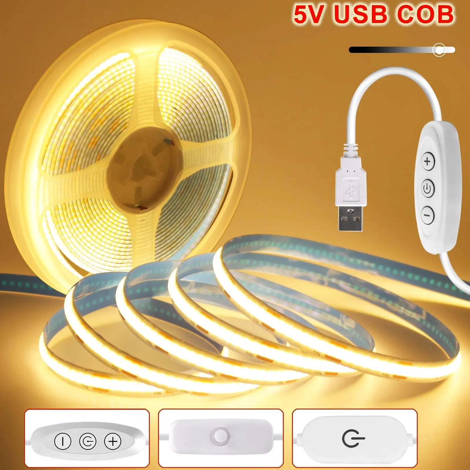 Dimmable 5V COB USB LED strip 320 LEDs/m warm natural cool white with on off switch and adhesive backing