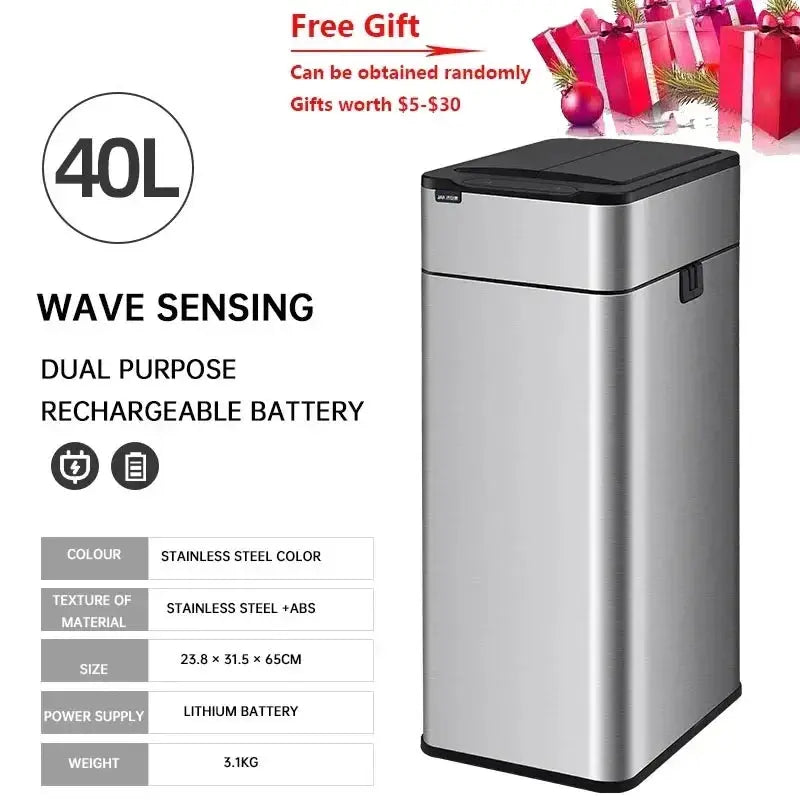 Garbage Bin 60/50/40/30/20/15/9L Large-capacity Stainless Steel Smart Sensor Trash Can Automatic Waste Bins Kitchen Trash Can Elektrofy