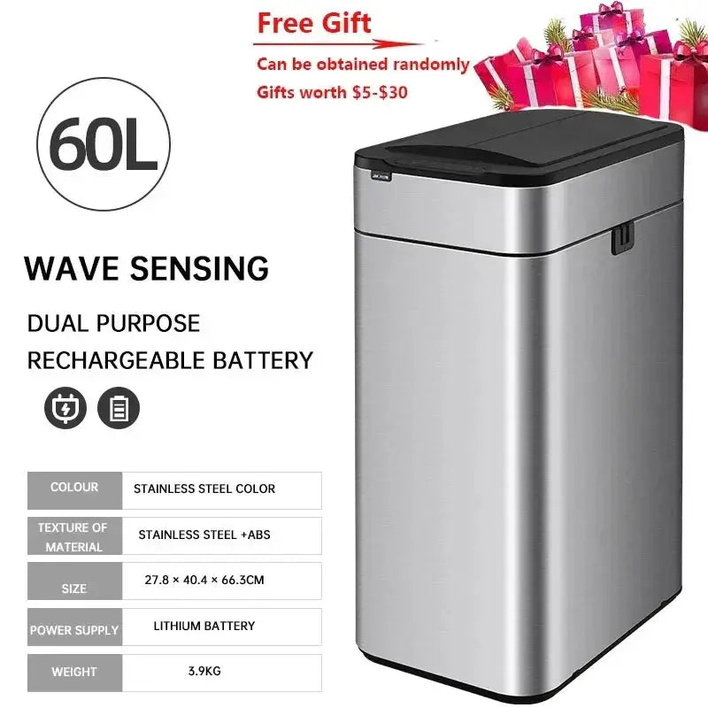 Garbage Bin 60/50/40/30/20/15/9L Large-capacity Stainless Steel Smart Sensor Trash Can Automatic Waste Bins Kitchen Trash Can Elektrofy