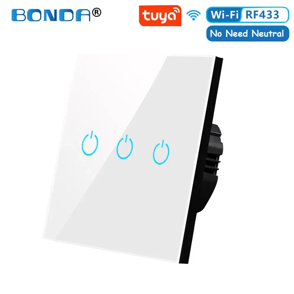 BONDA Smart Switch Alexa RF433 No Neutral Tuya Control Works With Google 1/2/3 Gang Smart Life Home Light WiFi Touch Switches 86 Elektrofy