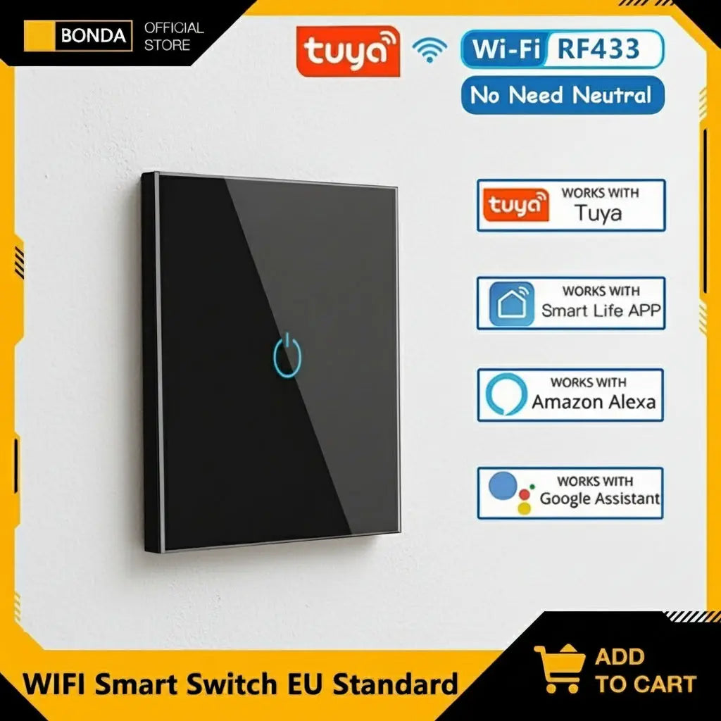BONDA Smart Switch Alexa RF433 No Neutral Tuya Control Works With Google 1/2/3 Gang Smart Life Home Light WiFi Touch Switches 86 Elektrofy