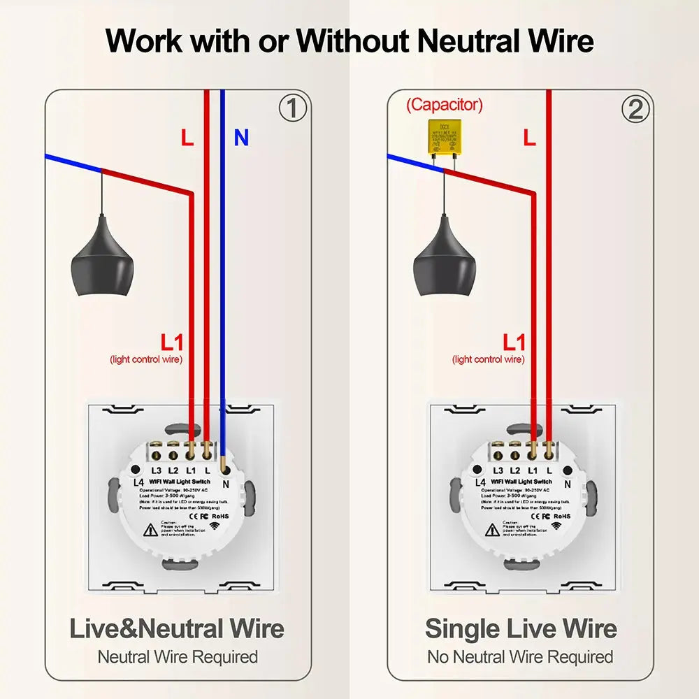 BONDA Smart Switch Alexa RF433 No Neutral Tuya Control Works With Google 1/2/3 Gang Smart Life Home Light WiFi Touch Switches 86 Elektrofy