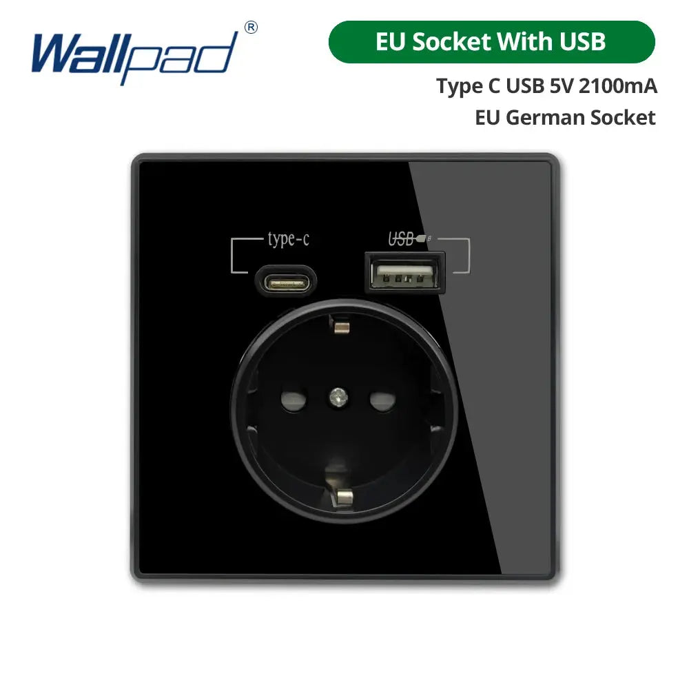 Type-C A Interface Outlet Acrylic Mirror Crystal Panel Black Wall EU Russia Spain French Socket With USB Charge 5V 2100mA Holder Elektrofy