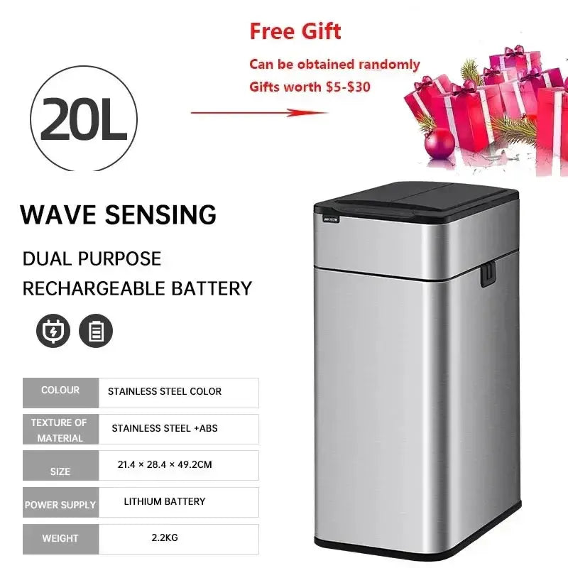 Garbage Bin 60/50/40/30/20/15/9L Large-capacity Stainless Steel Smart Sensor Trash Can Automatic Waste Bins Kitchen Trash Can Elektrofy