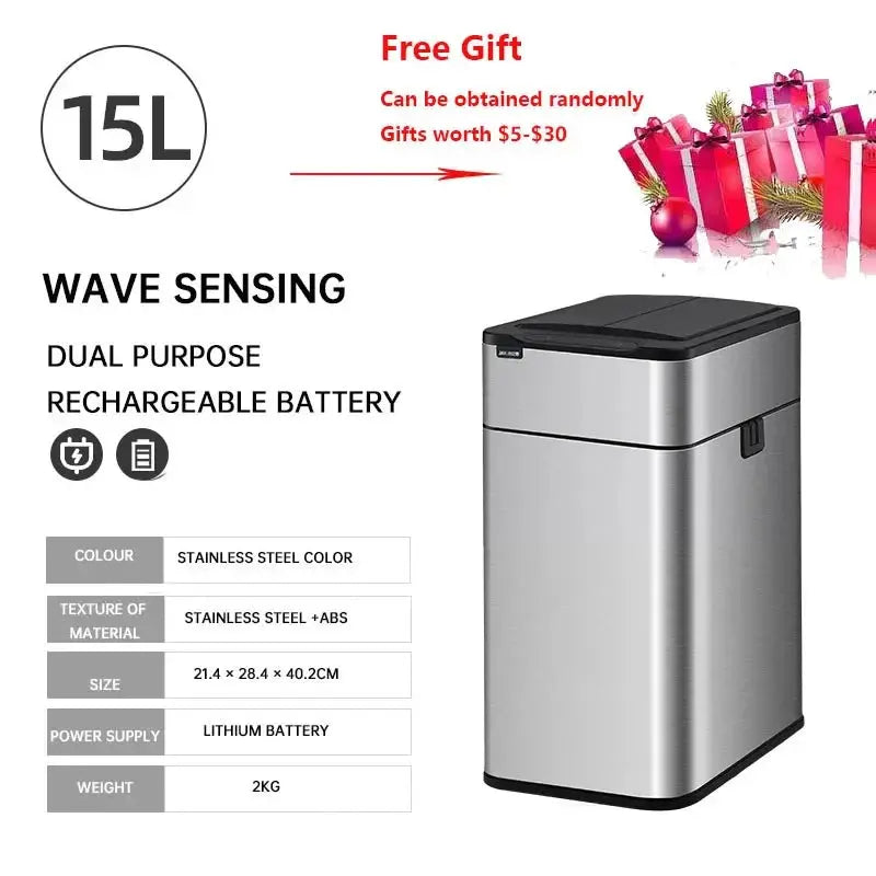 Garbage Bin 60/50/40/30/20/15/9L Large-capacity Stainless Steel Smart Sensor Trash Can Automatic Waste Bins Kitchen Trash Can Elektrofy