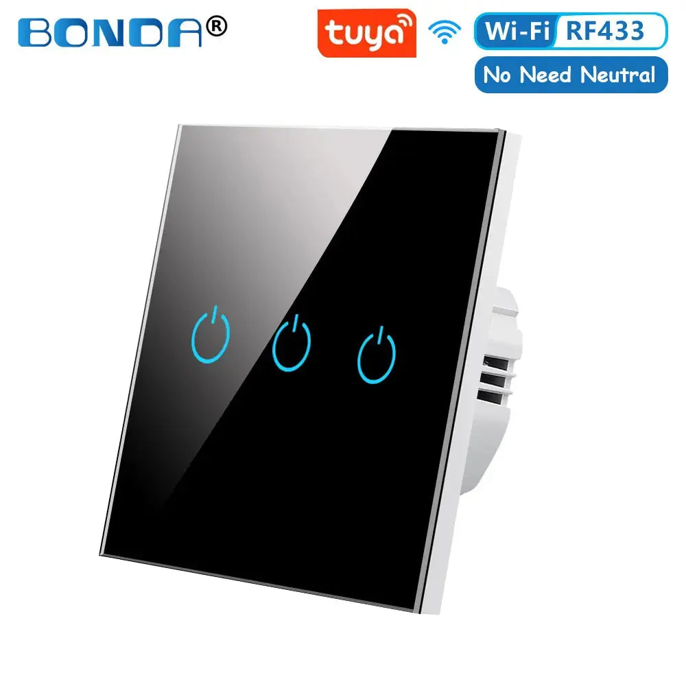 BONDA Smart Switch Alexa RF433 No Neutral Tuya Control Works With Google 1/2/3 Gang Smart Life Home Light WiFi Touch Switches 86 Elektrofy