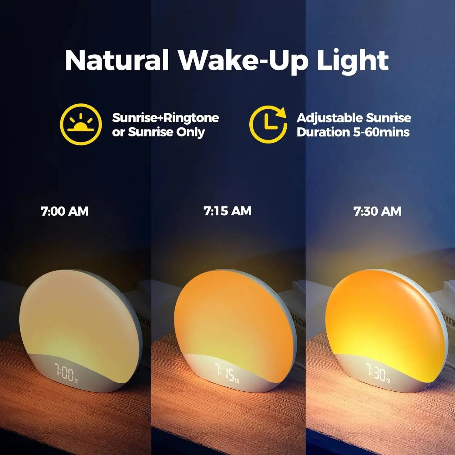 Awakening Wake Up Sunrise Alarm Clock Table Clock Dimmable with 3 Ring 8 Nightlight 26 Sound Sleep Timer Night Light Elektrofy