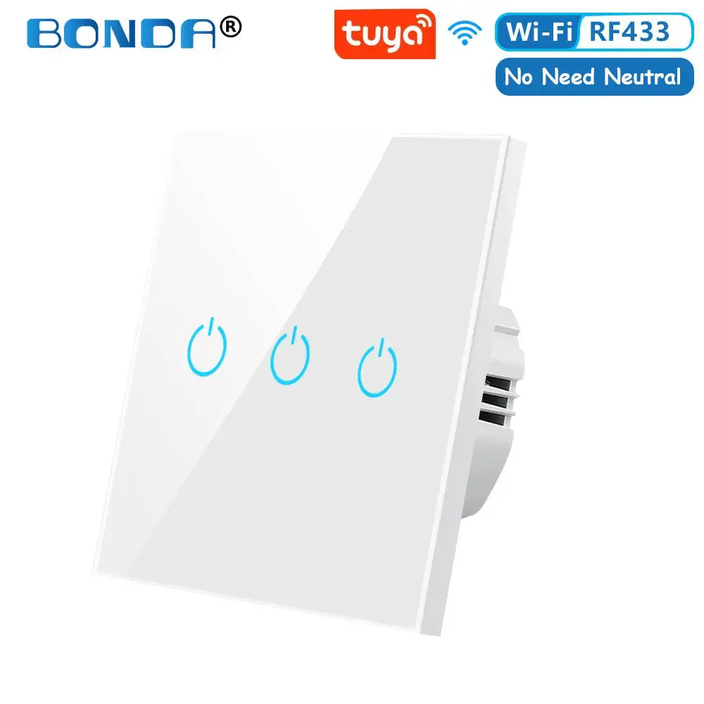 BONDA Smart Switch Alexa RF433 No Neutral Tuya Control Works With Google 1/2/3 Gang Smart Life Home Light WiFi Touch Switches 86 Elektrofy